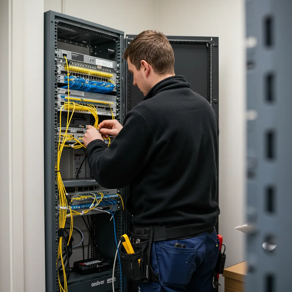 Tekniker arbejder med netværk og rackskab til forening